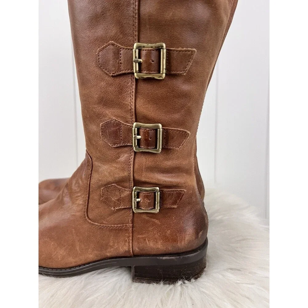 BCBGeneration Kiev Tall Brown Leather Buckled Riding Moto Boots Size 7.5M Punk